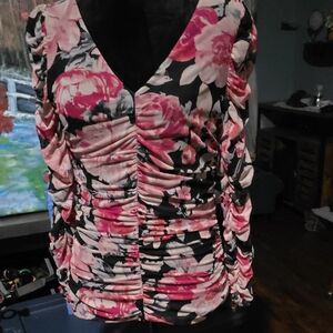 White House Black Market Pink and Black Floral Ruched Blouse